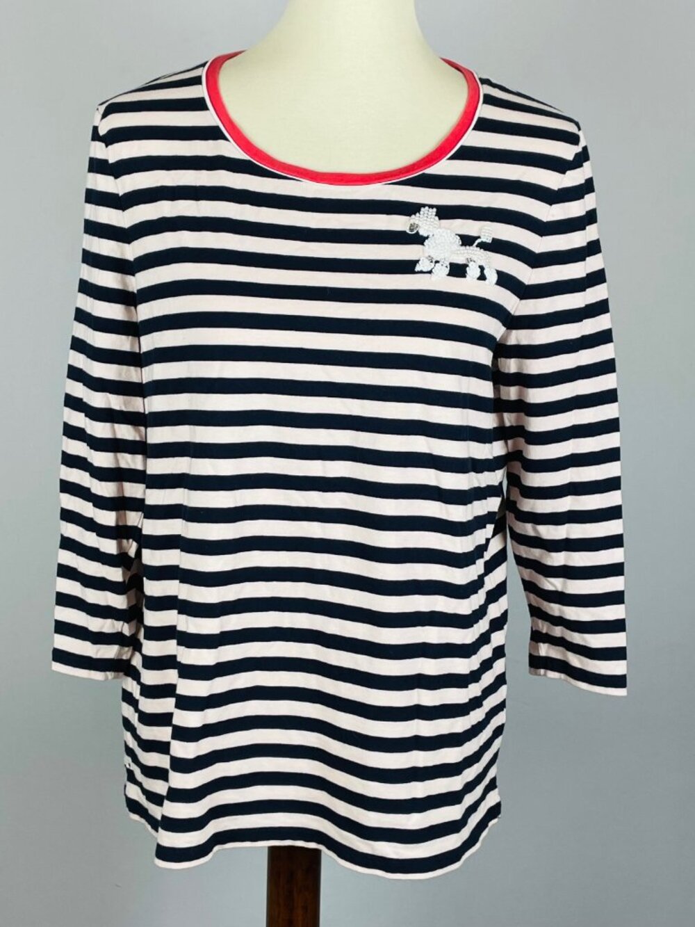 Talbots Striped Poodle T Shirt Sz L 3/4 Sleeve Beaded Kitsch Whimsy Mid Century